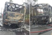 Ônibus pega fogo em Camaçari e é completamente destruído pelas chamas